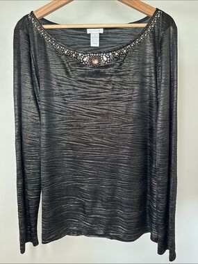 Cache Metallic Gold Black Long Sleeve Top with Jeweled Scoop Neck